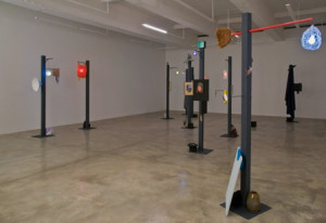 Geoffrey Farmer, “Bacon’s Not The Only Thing That Is Cured By Hanging From A String,” 2011, exhibition view courtesy Casey Kaplan. Photo: Cary Whitti